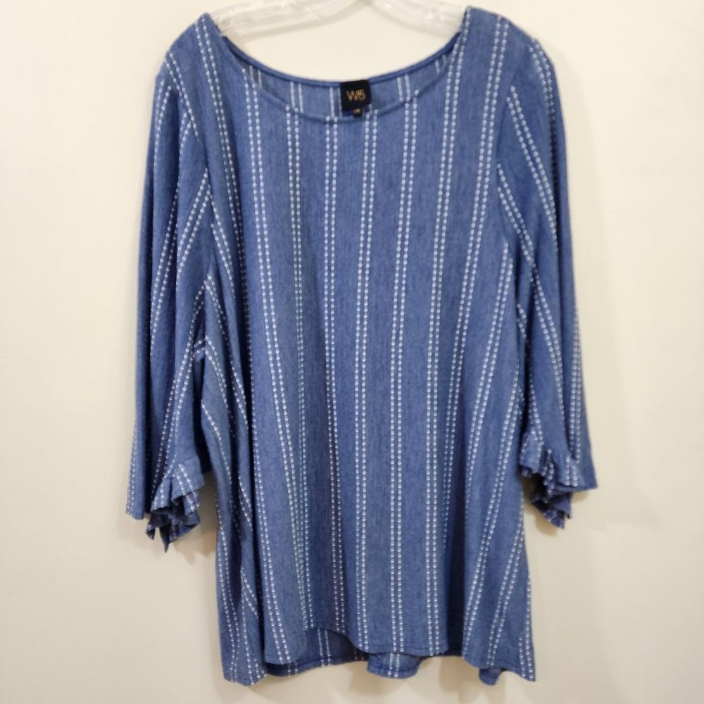 W5 ruffle 3/4 sleeve white striped chambray shirt woman's‎ size 2XL